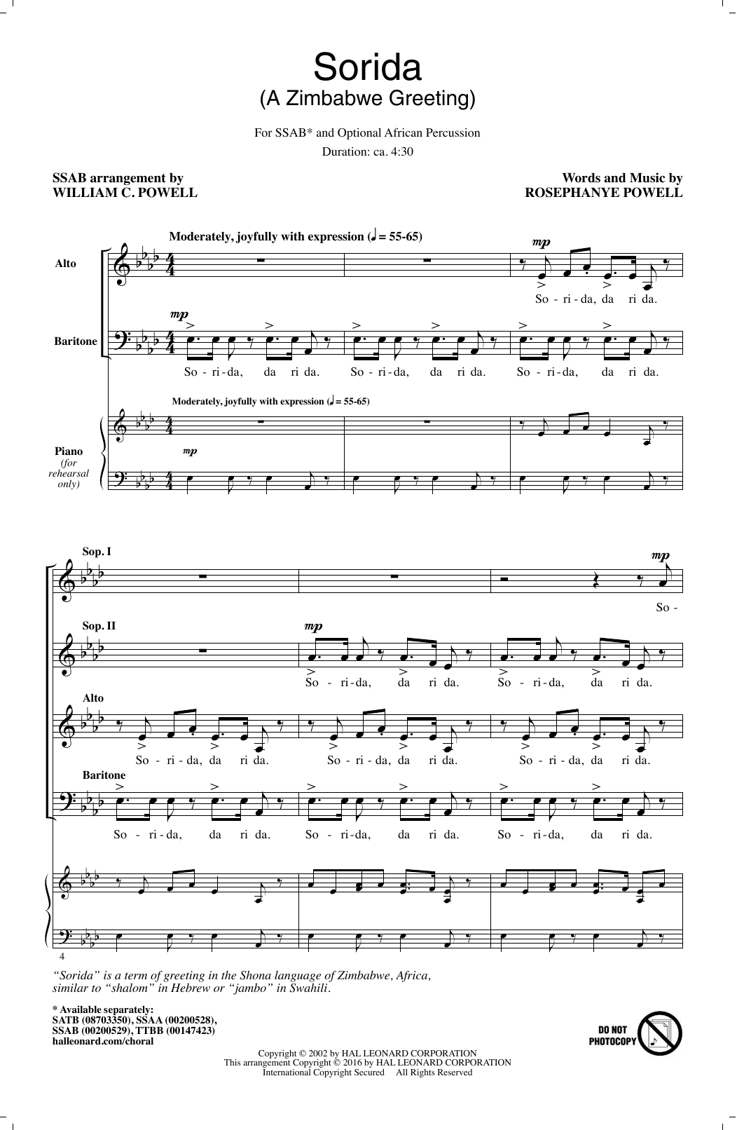 William C. Powell Sorida (A Zimbabwe Greeting) Sheet Music Notes & Chords for SATB - Download or Print PDF