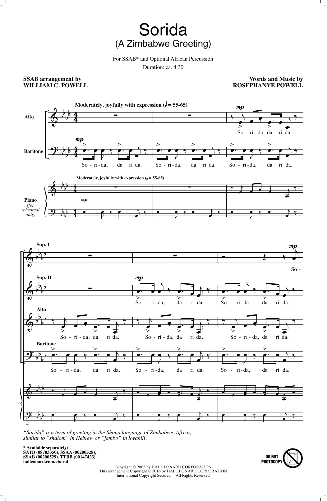 William C. Powell Sorida (A Zimbabwe Greeting) Sheet Music Notes & Chords for SSA - Download or Print PDF
