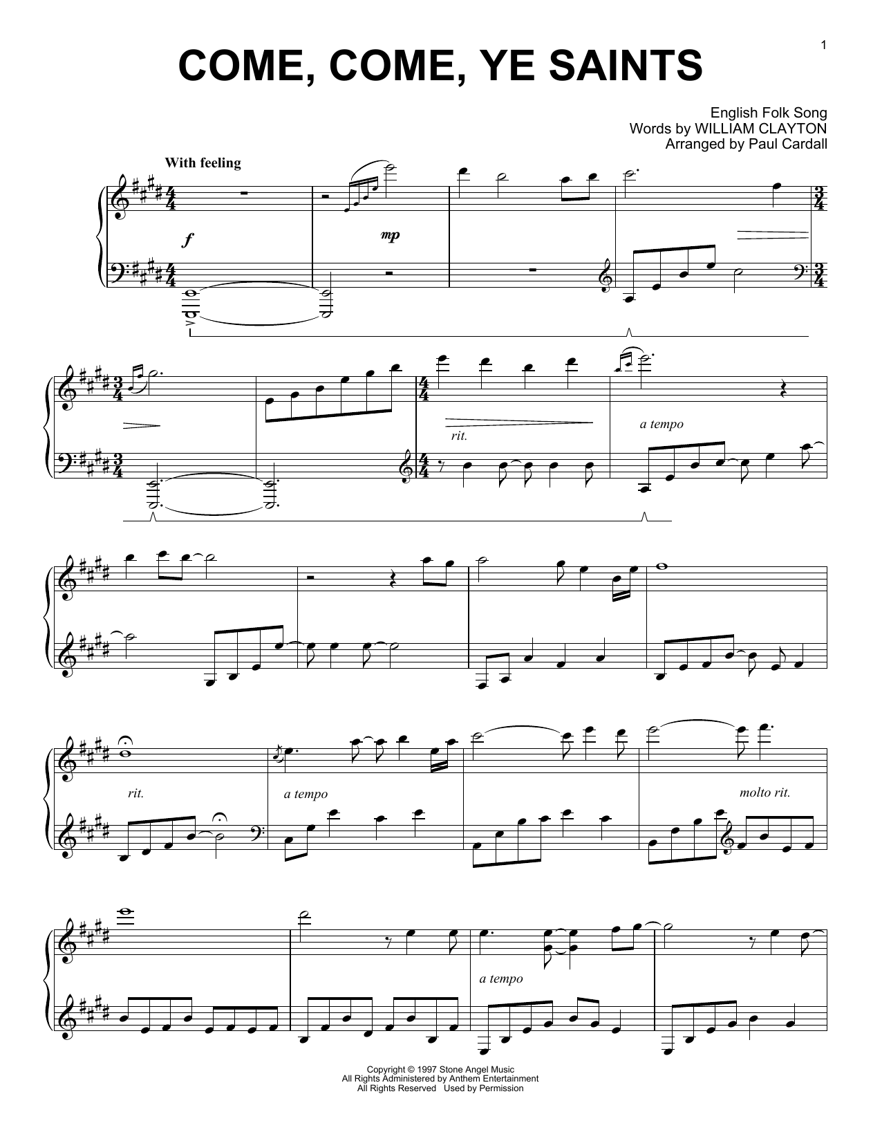 William Clayton Come, Come, Ye Saints (arr. Paul Cardall) Sheet Music Notes & Chords for Piano Solo - Download or Print PDF