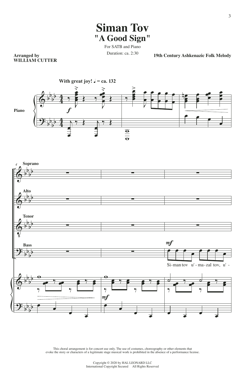 William Cutter Siman Tov (A Good Sign) Sheet Music Notes & Chords for SATB Choir - Download or Print PDF