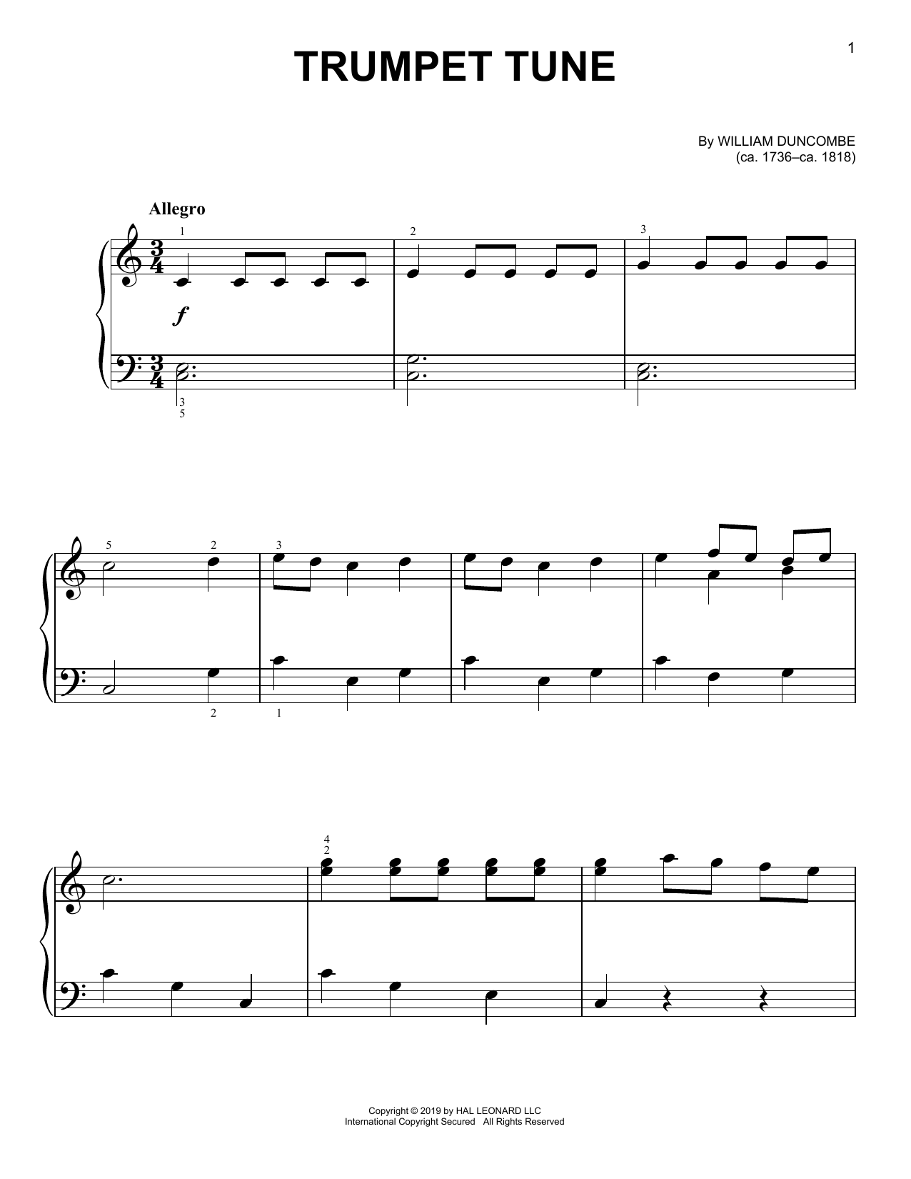 William Duncombe Trumpet Tune Sheet Music Notes & Chords for Easy Piano - Download or Print PDF