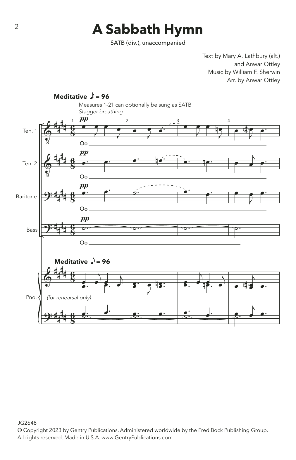 William F. Sherwin A Sabbath Hymn (arr. Anwar Ottley) Sheet Music Notes & Chords for Choir - Download or Print PDF