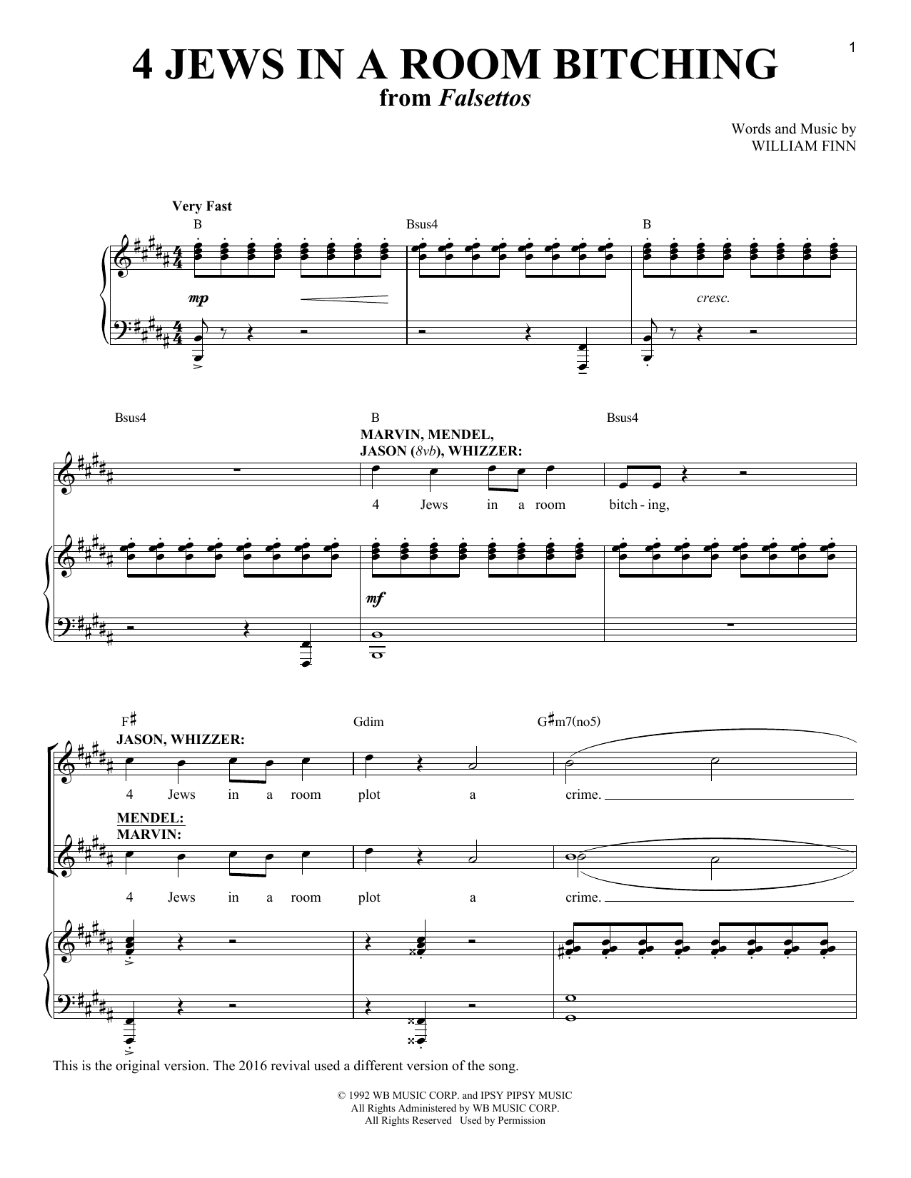 William Finn 4 Jews In A Room Bitching Sheet Music Notes & Chords for Piano & Vocal - Download or Print PDF