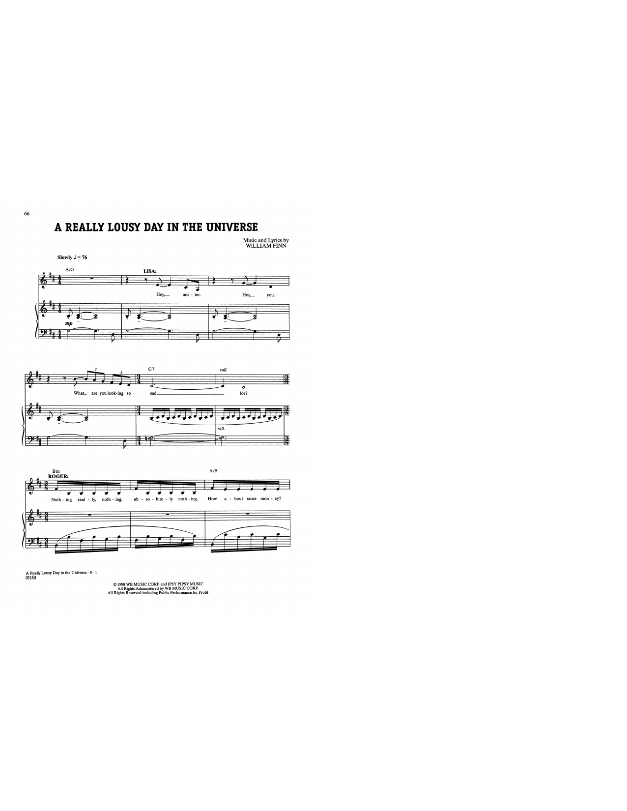 William Finn A Really Lousy Day In The Universe (from A New Brain) Sheet Music Notes & Chords for Piano & Vocal - Download or Print PDF