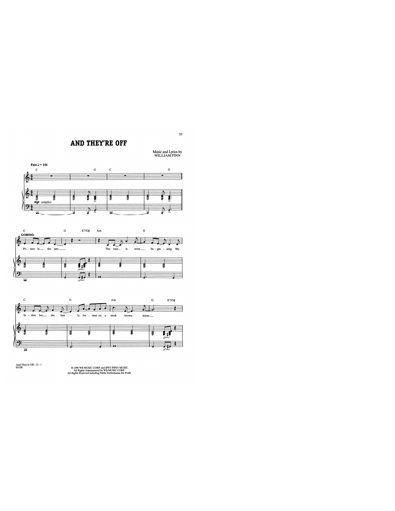 William Finn And They're Off (from A New Brain) Sheet Music Notes & Chords for Piano & Vocal - Download or Print PDF