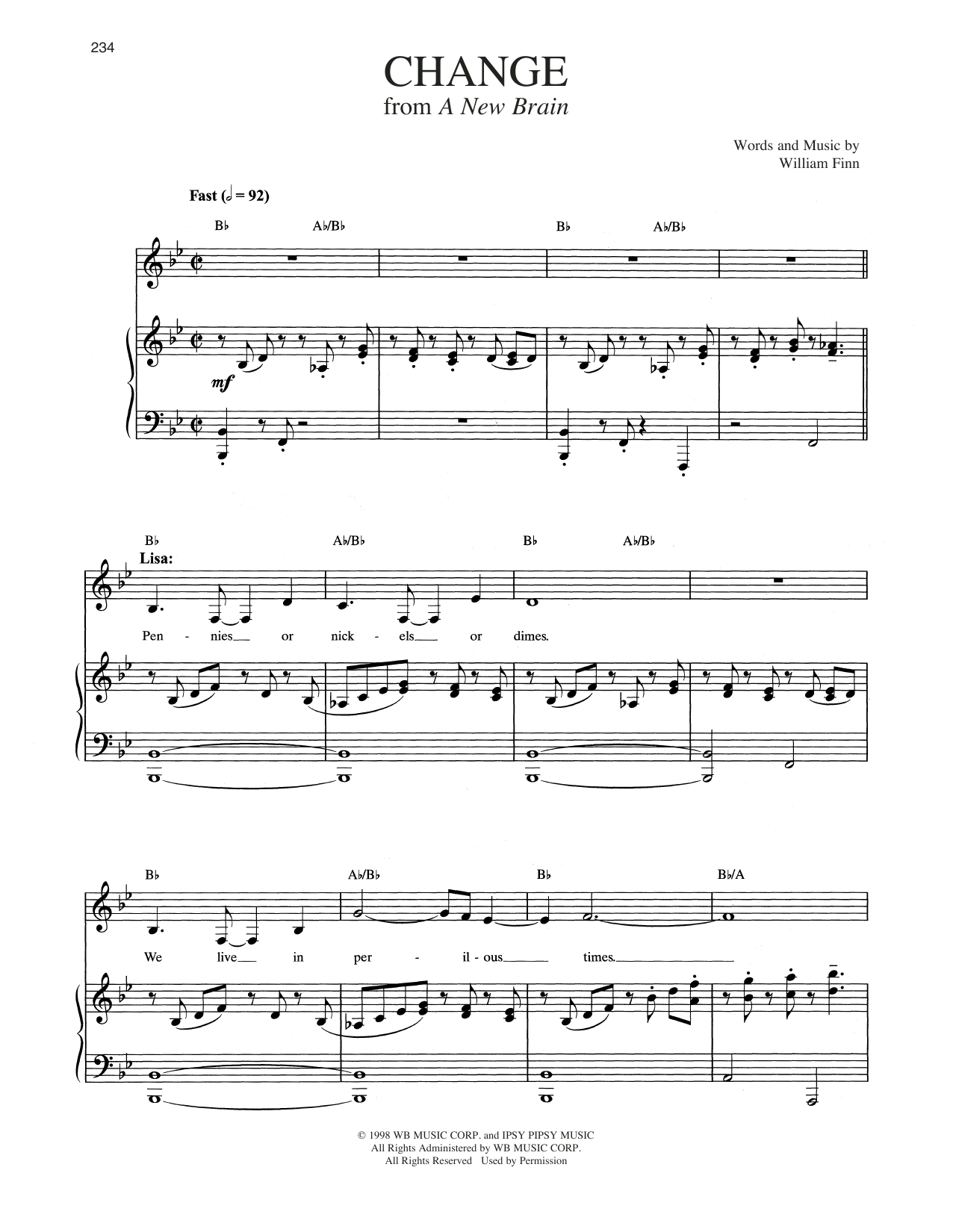 William Finn Change (from A New Brain) Sheet Music Notes & Chords for Piano & Vocal - Download or Print PDF