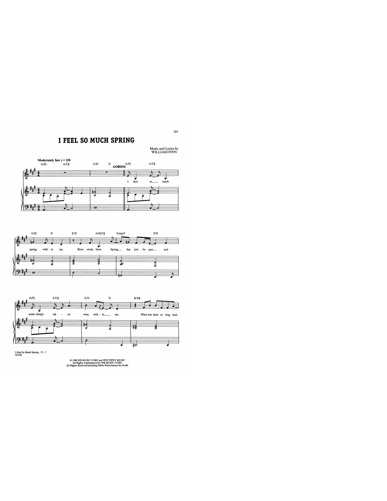 William Finn I Feel So Much Spring (from A New Brain) Sheet Music Notes & Chords for Piano & Vocal - Download or Print PDF