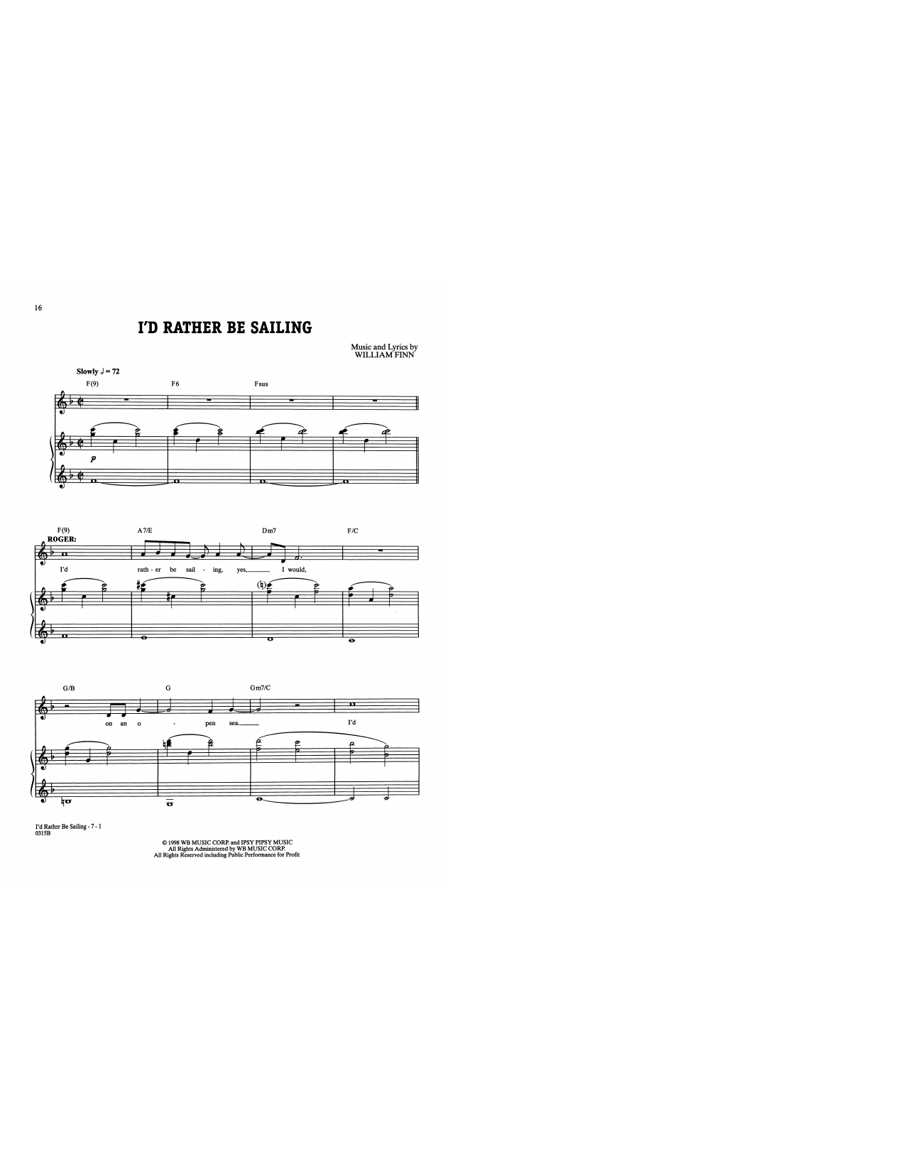 William Finn I'd Rather Be Sailing (from A New Brain) Sheet Music Notes & Chords for Piano & Vocal - Download or Print PDF