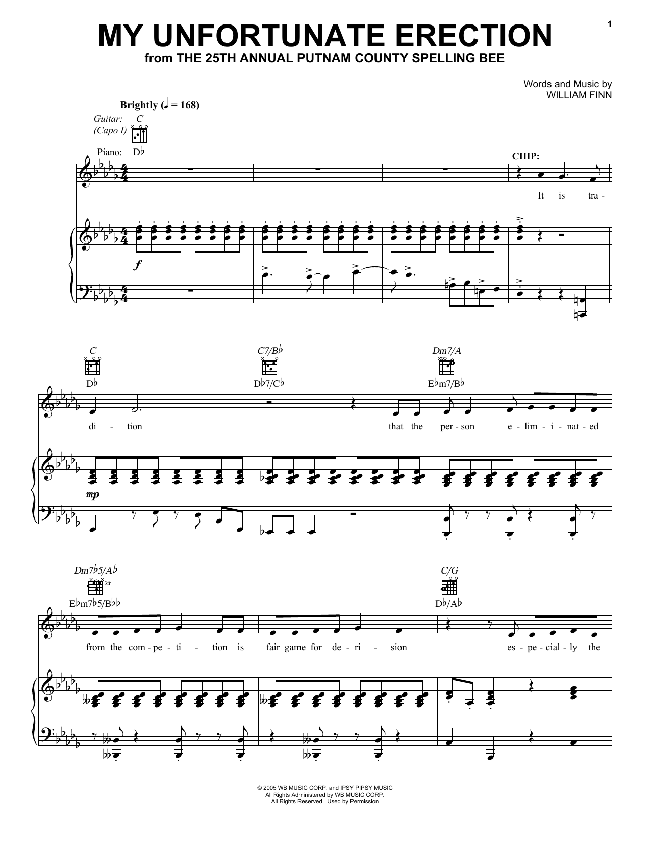 William Finn My Unfortunate Erection (from 25th Annual Putnam County Spelling Bee) Sheet Music Notes & Chords for Vocal Pro + Piano/Guitar - Download or Print PDF