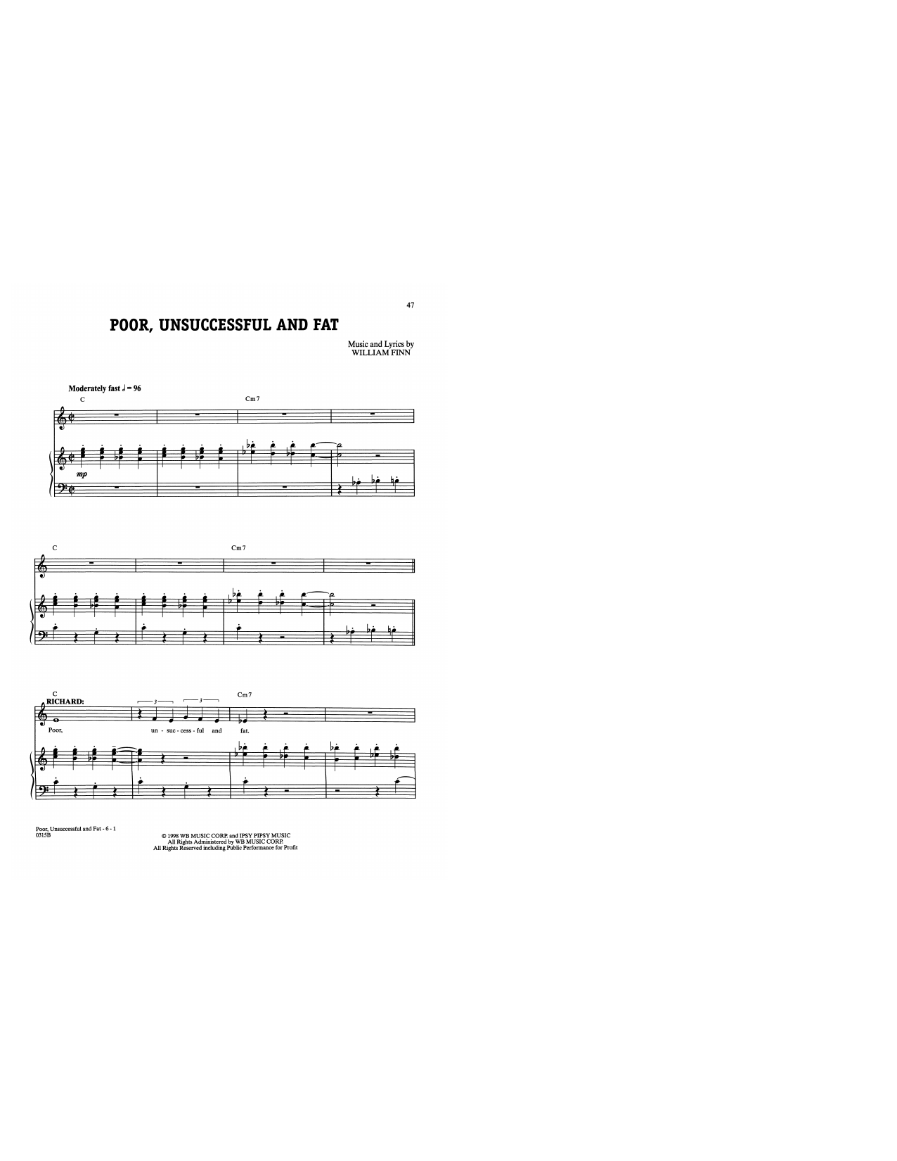 William Finn Poor, Unsuccessful, And Fat (from A New Brain) Sheet Music Notes & Chords for Piano & Vocal - Download or Print PDF