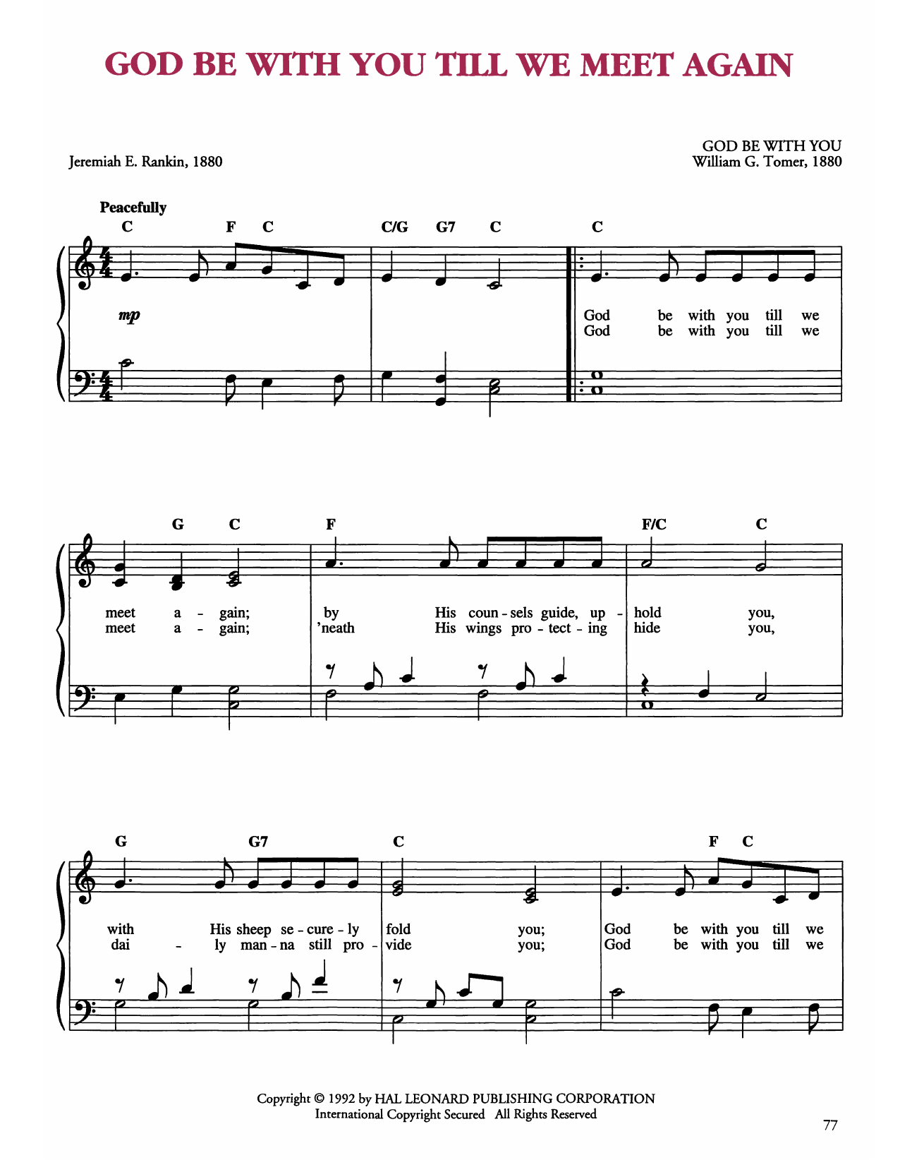 William G. Tomer God Be With You Till We Meet Again Sheet Music Notes & Chords for Easy Piano - Download or Print PDF