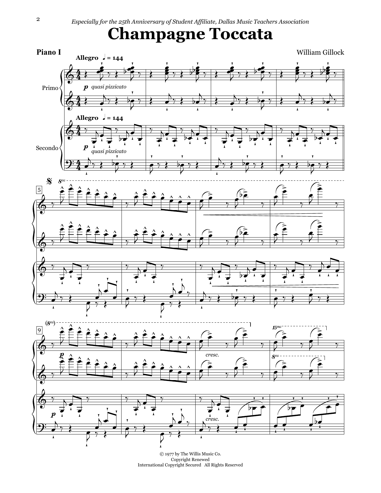 William Gillock Champagne Toccata (for 2 Pianos, 8 Hands) Sheet Music Notes & Chords for Piano Duet - Download or Print PDF