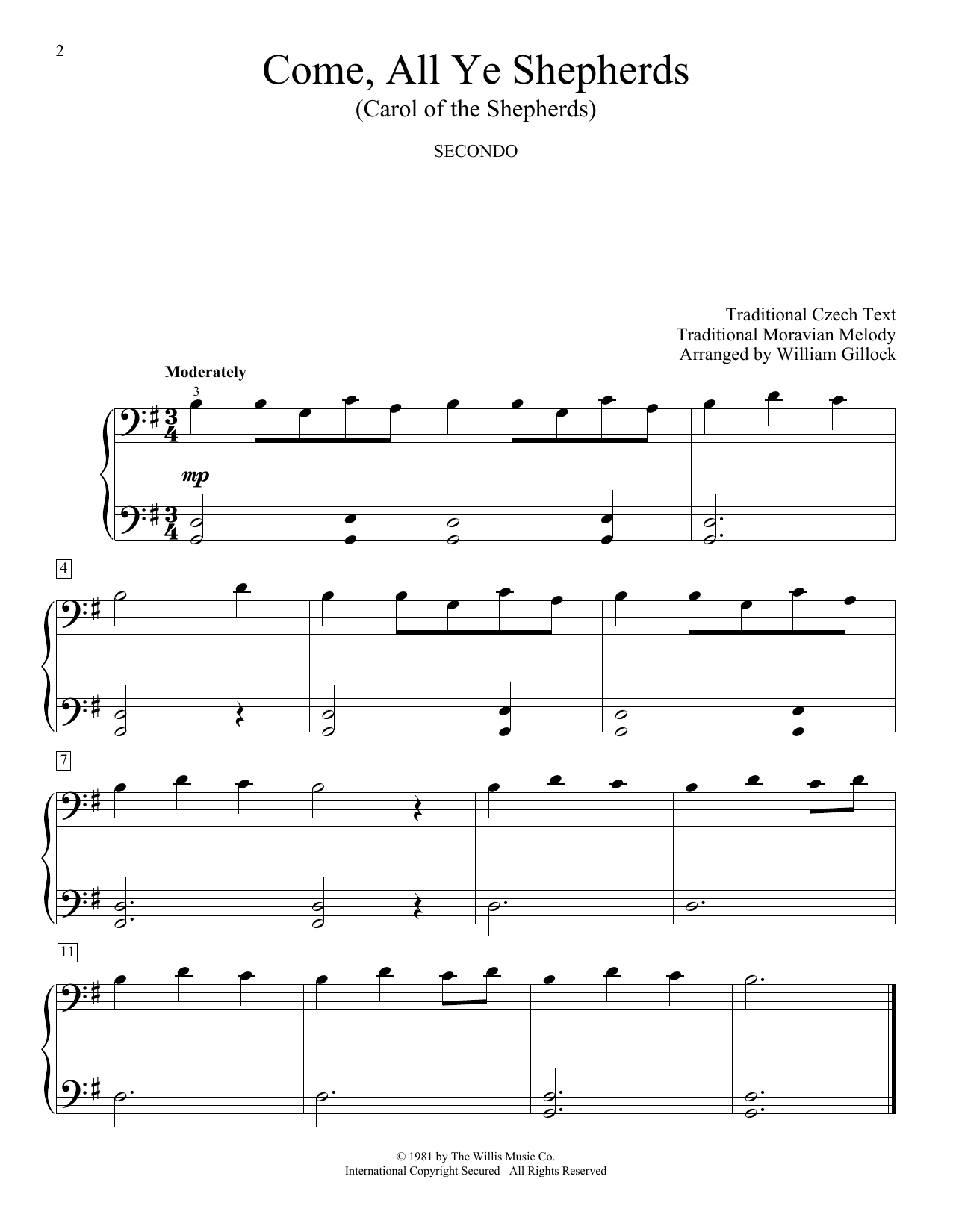 William Gillock Come, All Ye Shepherds (Carol Of The Shepherds) Sheet Music Notes & Chords for Piano Duet - Download or Print PDF