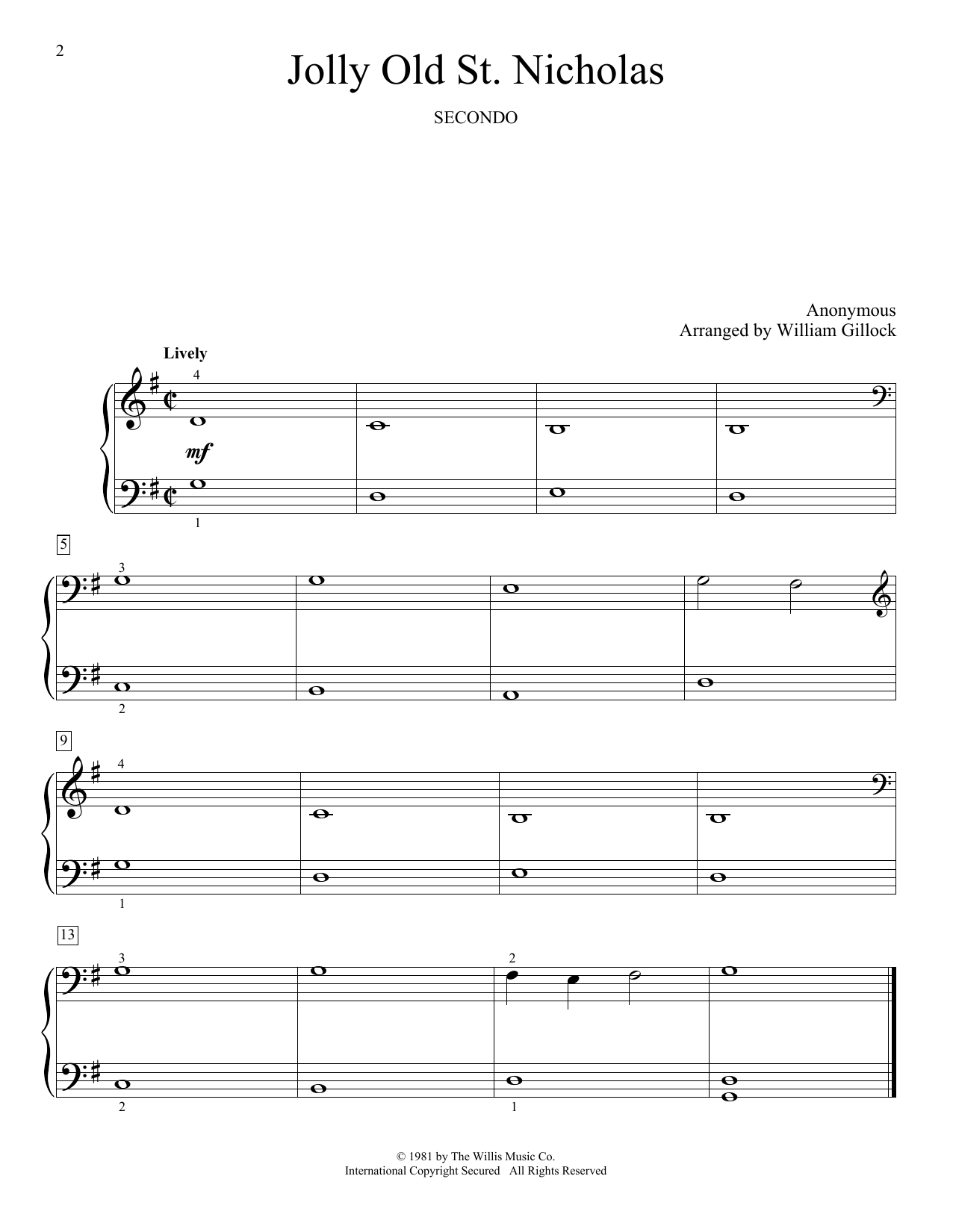 William Gillock Jolly Old St. Nicholas Sheet Music Notes & Chords for Piano Duet - Download or Print PDF