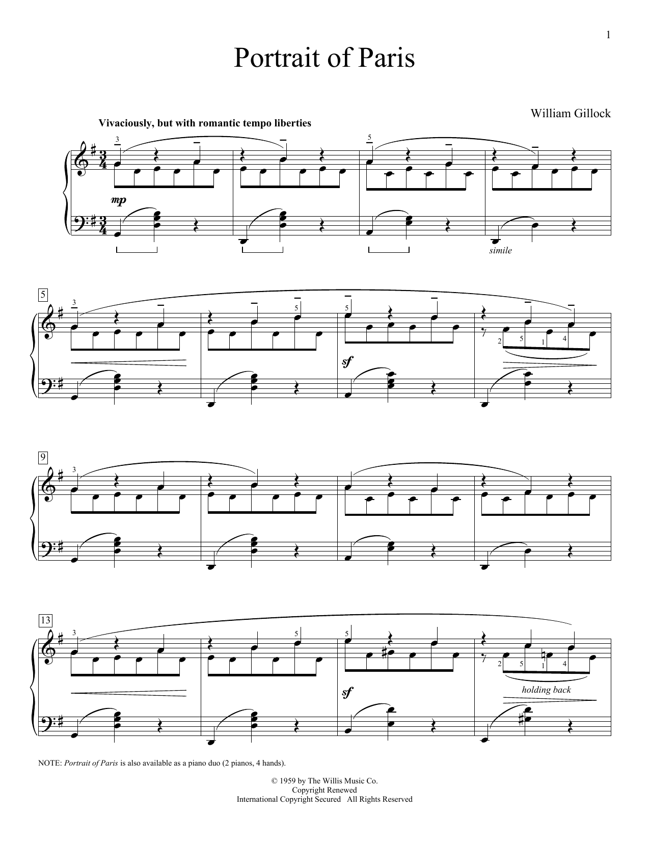 William Gillock Portrait Of Paris Sheet Music Notes & Chords for Piano Duet - Download or Print PDF