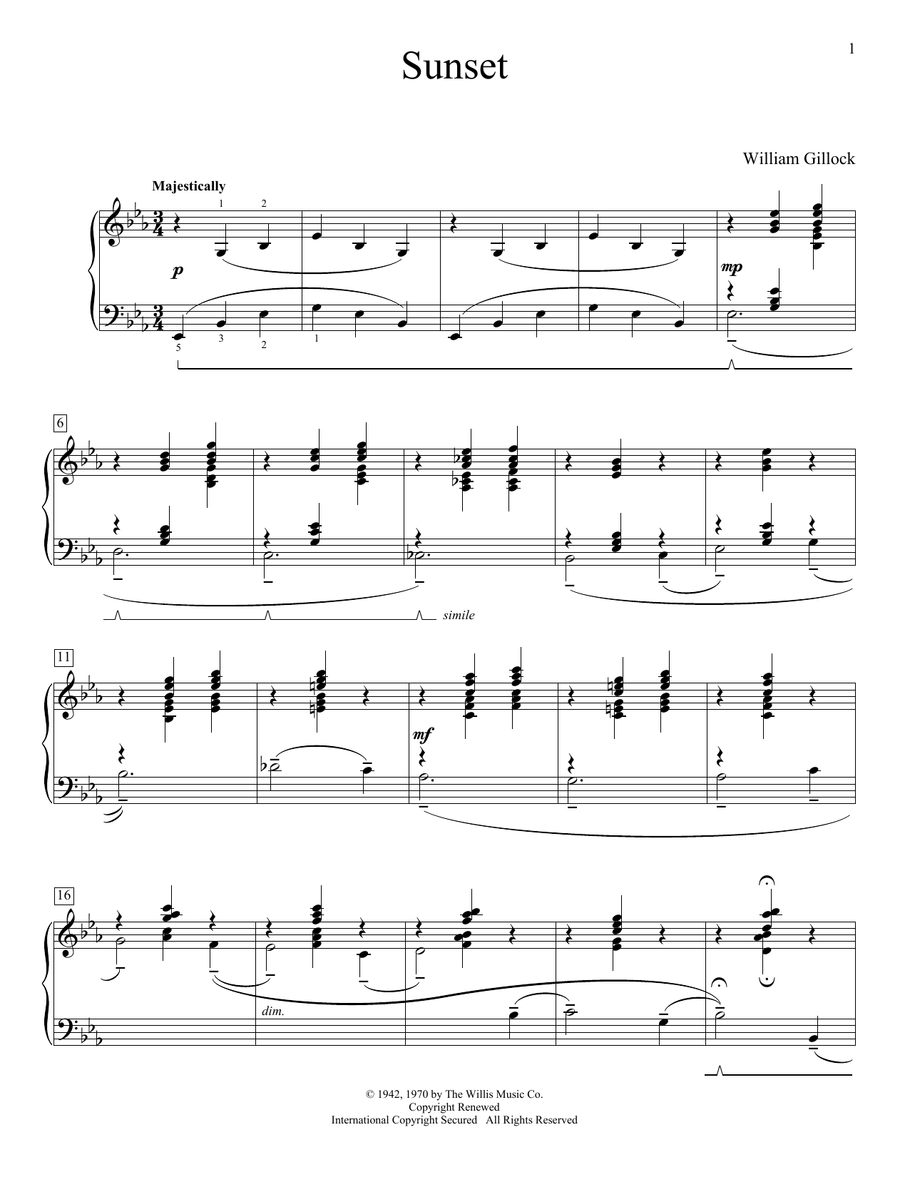 William Gillock Sunset Sheet Music Notes & Chords for Educational Piano - Download or Print PDF