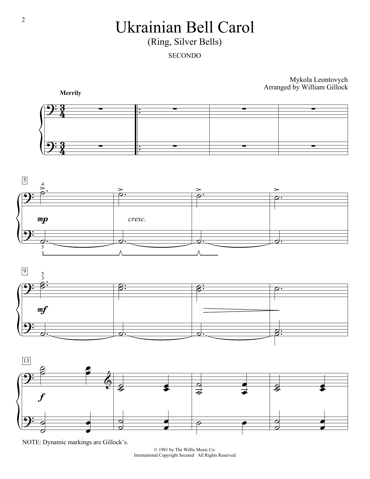 William Gillock Ukrainian Bell Carol (Ring, Silver Bells) Sheet Music Notes & Chords for Piano Duet - Download or Print PDF