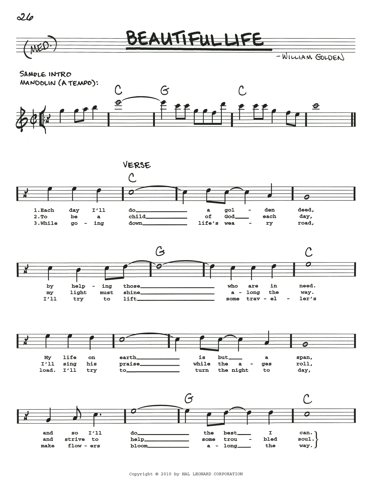 William Golden Beautiful Life Sheet Music Notes & Chords for Real Book – Melody, Lyrics & Chords - Download or Print PDF