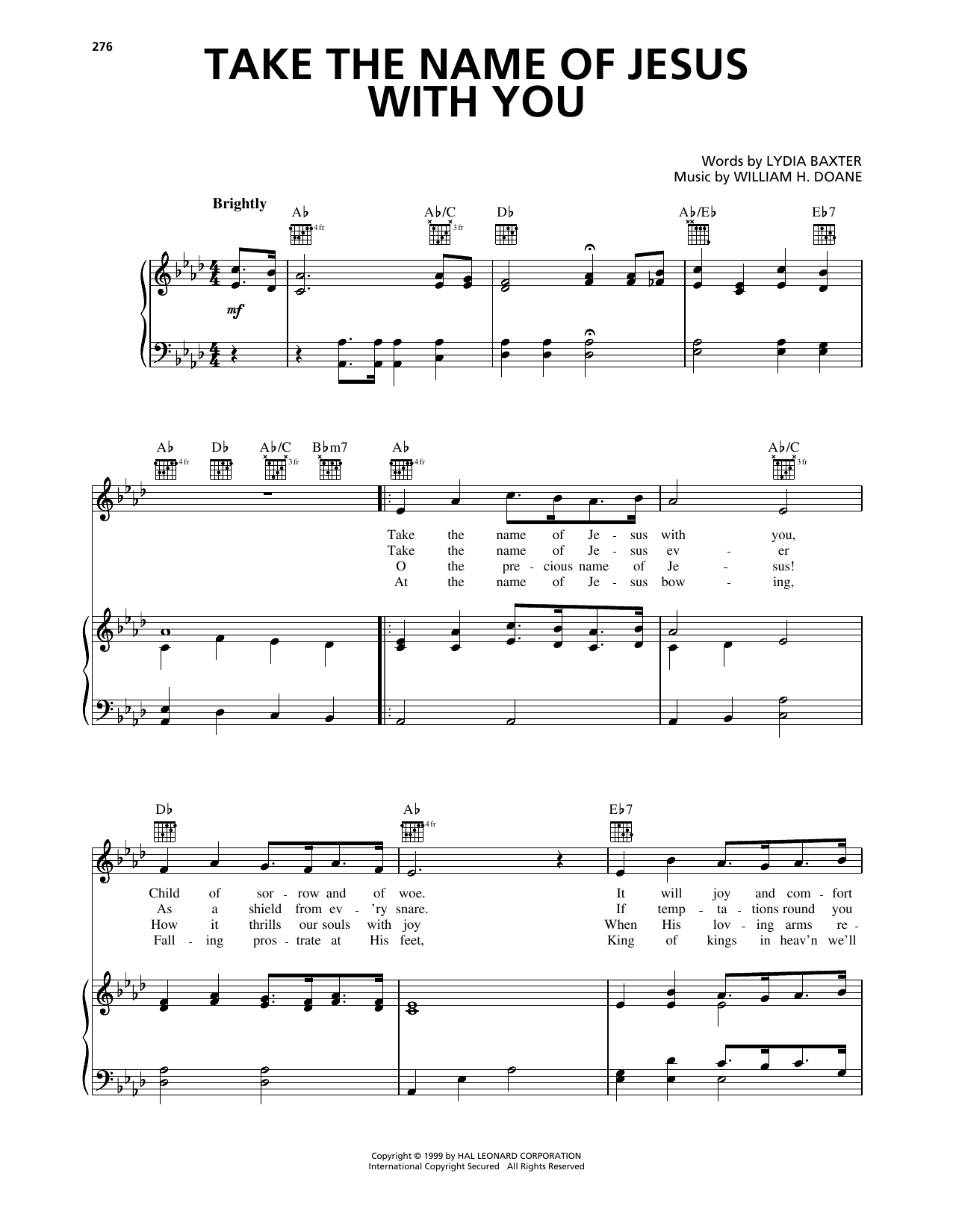William H. Doane Take The Name Of Jesus With You Sheet Music Notes & Chords for Piano, Vocal & Guitar Chords (Right-Hand Melody) - Download or Print PDF
