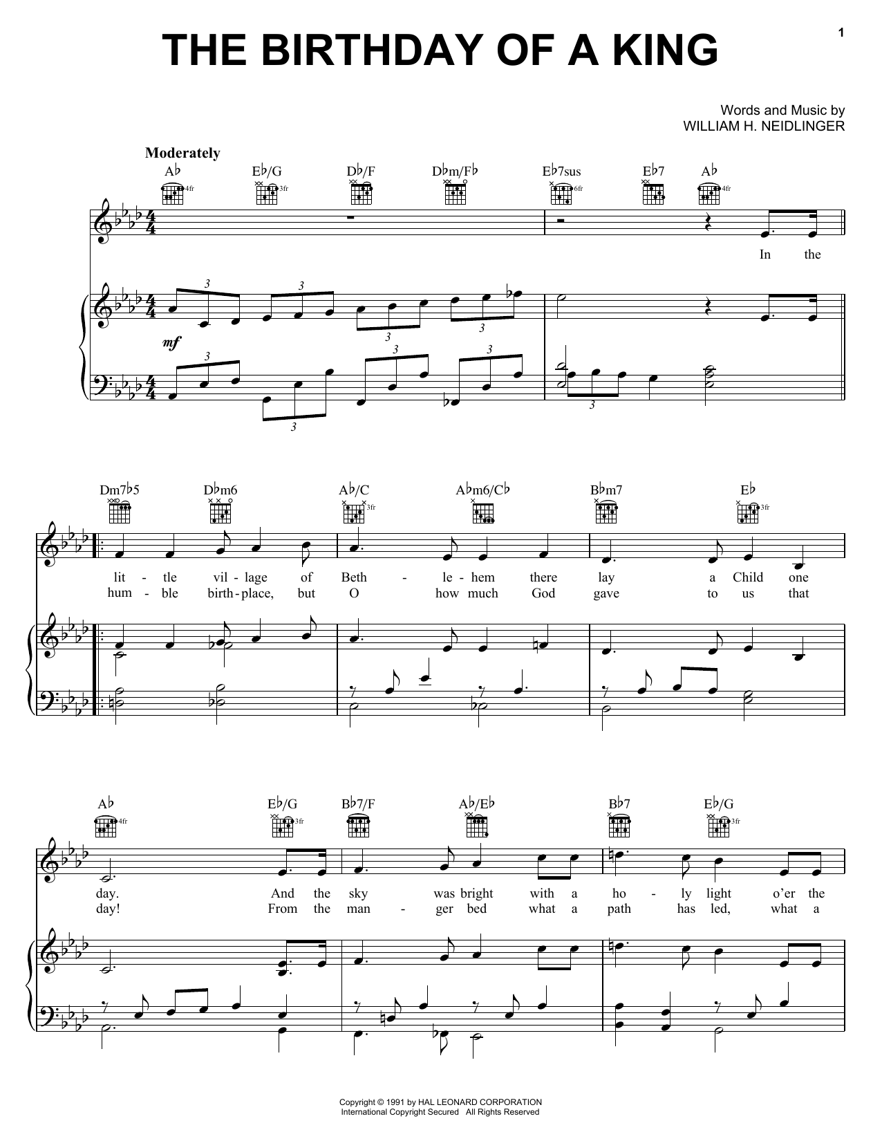 William H. Neidlinger The Birthday of a King (Neidlinger) Sheet Music Notes & Chords for Piano, Vocal & Guitar (Right-Hand Melody) - Download or Print PDF