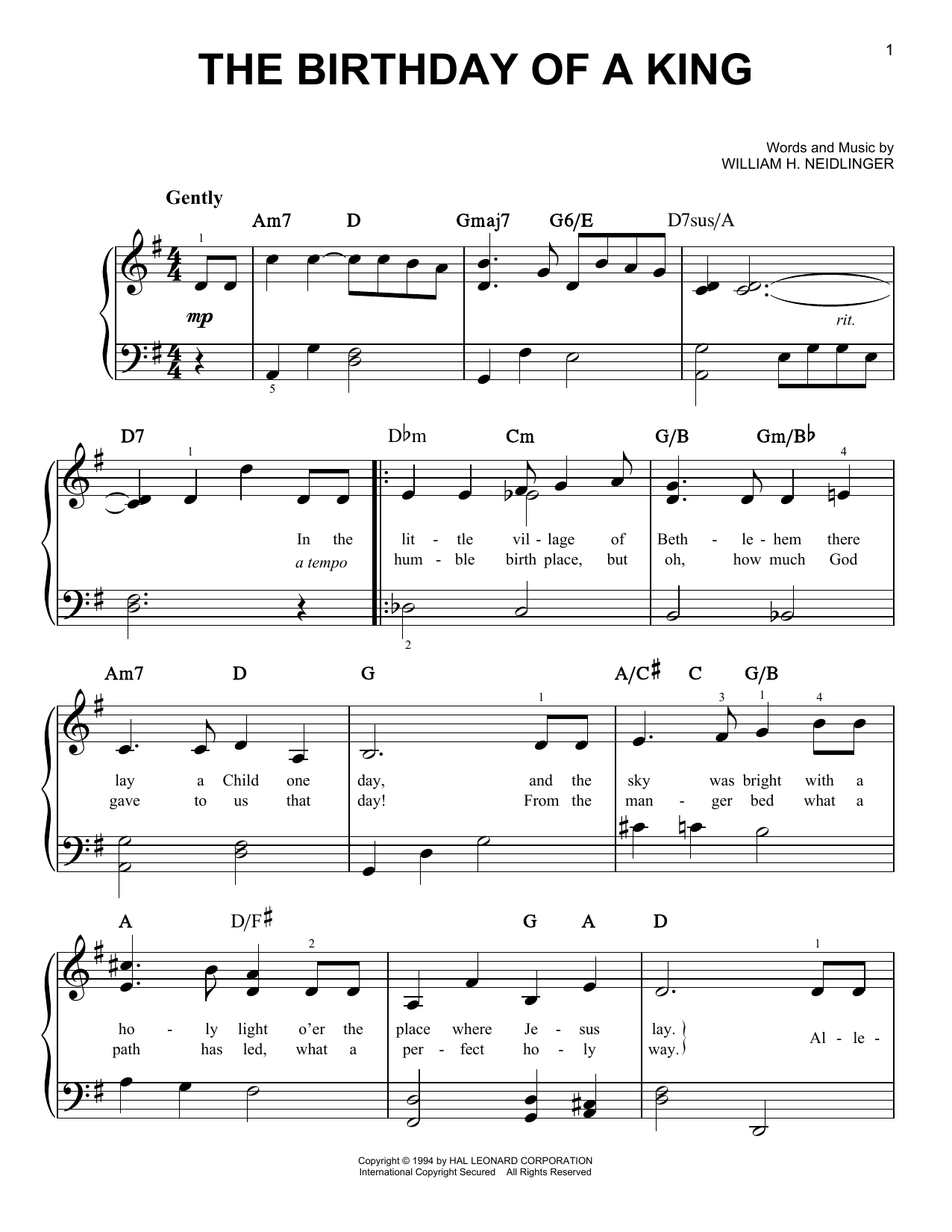 William H. Neidlinger The Birthday Of A King Sheet Music Notes & Chords for Easy Piano - Download or Print PDF