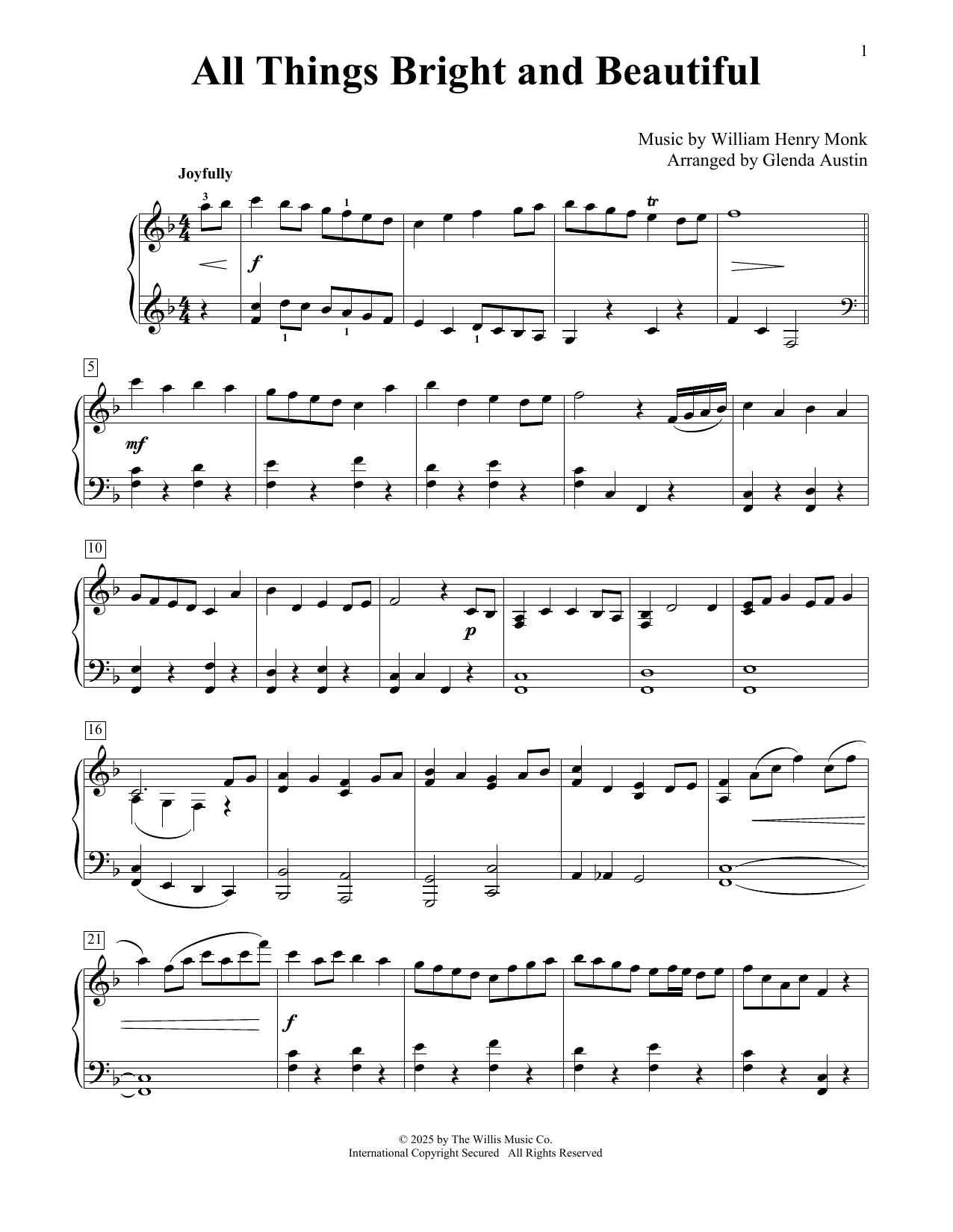 William Henry Monk All Things Bright And Beautiful (arr. Glenda Austin) Sheet Music Notes & Chords for Educational Piano - Download or Print PDF