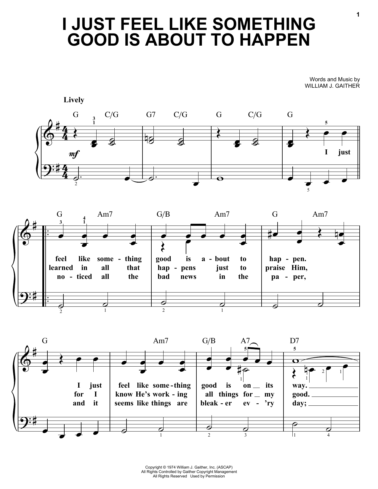 William J. Gaither I Just Feel Like Something Good Is About To Happen Sheet Music Notes & Chords for Easy Piano - Download or Print PDF