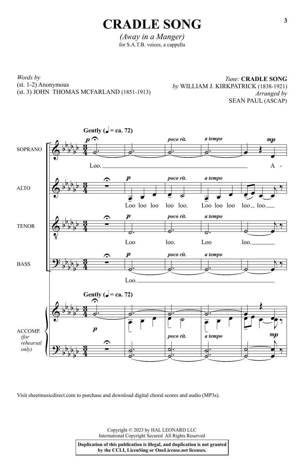 William J. Kirkpatrick Cradle Song (Away In A Manger) (arr. Sean Paul) Sheet Music Notes & Chords for SATB Choir - Download or Print PDF
