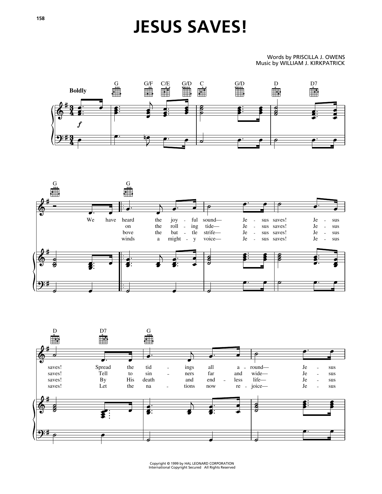 William J. Kirkpatrick Jesus Saves! Sheet Music Notes & Chords for Piano, Vocal & Guitar Chords (Right-Hand Melody) - Download or Print PDF