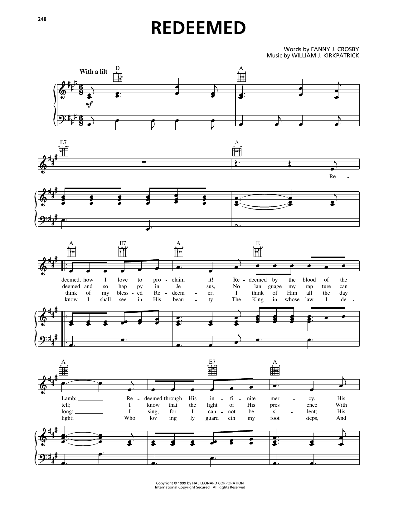 William J. Kirkpatrick Redeemed Sheet Music Notes & Chords for Piano, Vocal & Guitar Chords (Right-Hand Melody) - Download or Print PDF
