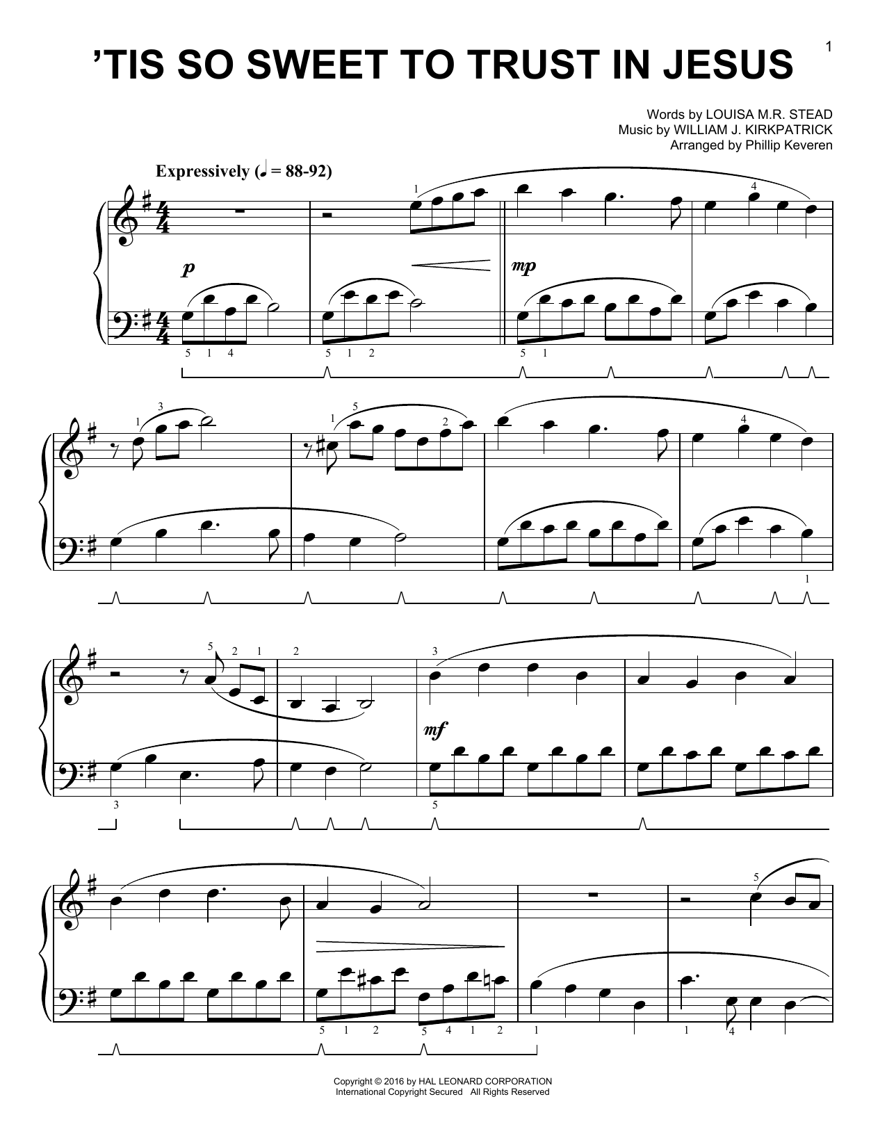 William J. Kirkpatrick 'Tis So Sweet To Trust In Jesus [Classical version] (arr. Phillip Keveren) Sheet Music Notes & Chords for Easy Piano - Download or Print PDF