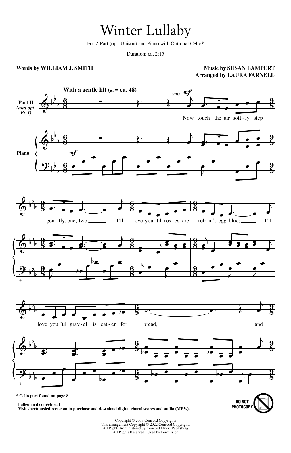 William J. Smith and Susan Lampert Winter Lullaby (arr. Laura Farnell) Sheet Music Notes & Chords for 2-Part Choir - Download or Print PDF