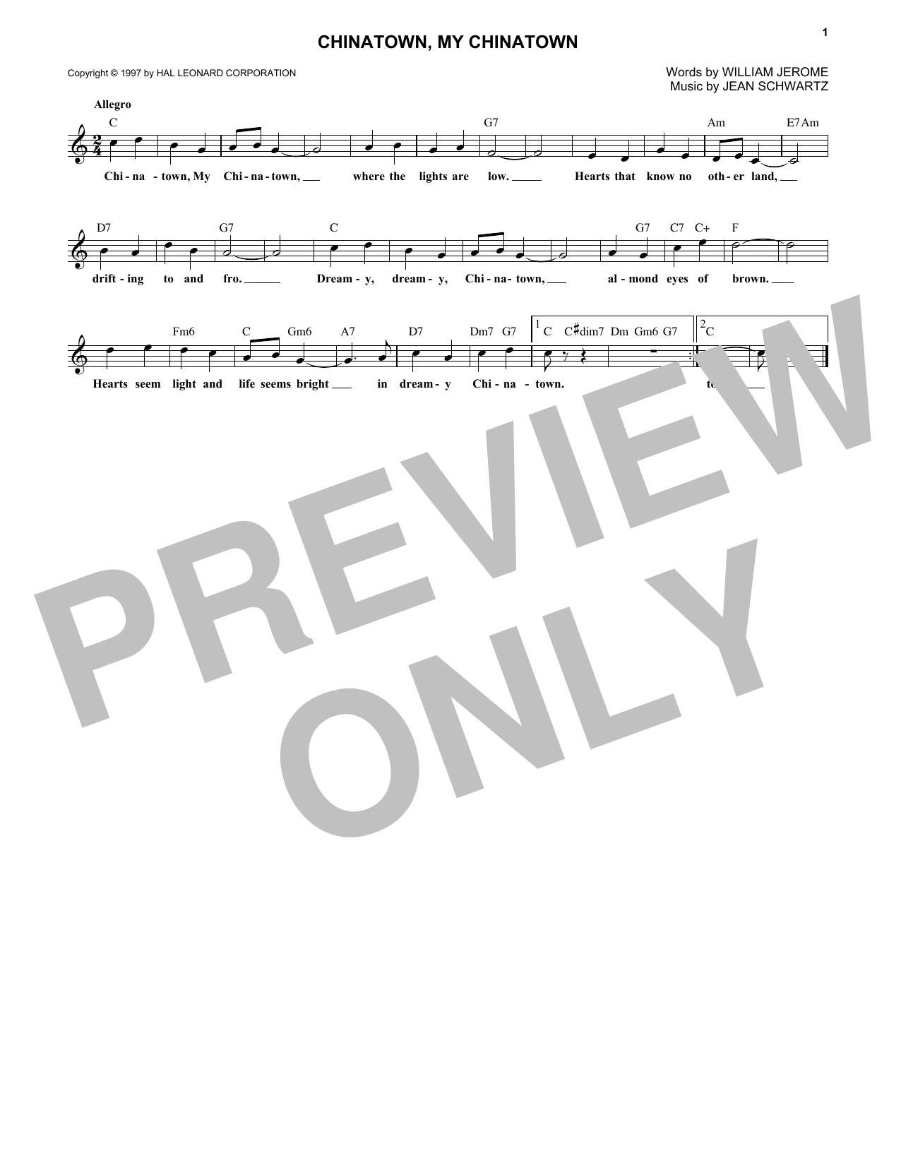 William Jerome Chinatown, My Chinatown Sheet Music Notes & Chords for Melody Line, Lyrics & Chords - Download or Print PDF