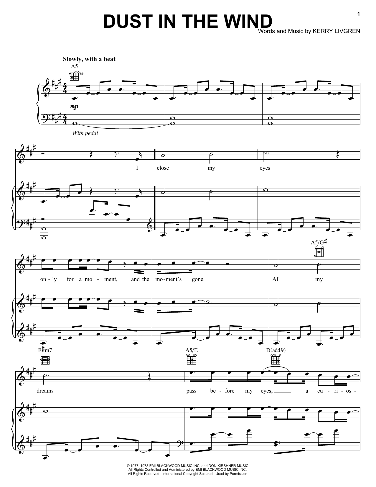 William Joseph Dust In The Wind Sheet Music Notes & Chords for Piano, Vocal & Guitar (Right-Hand Melody) - Download or Print PDF