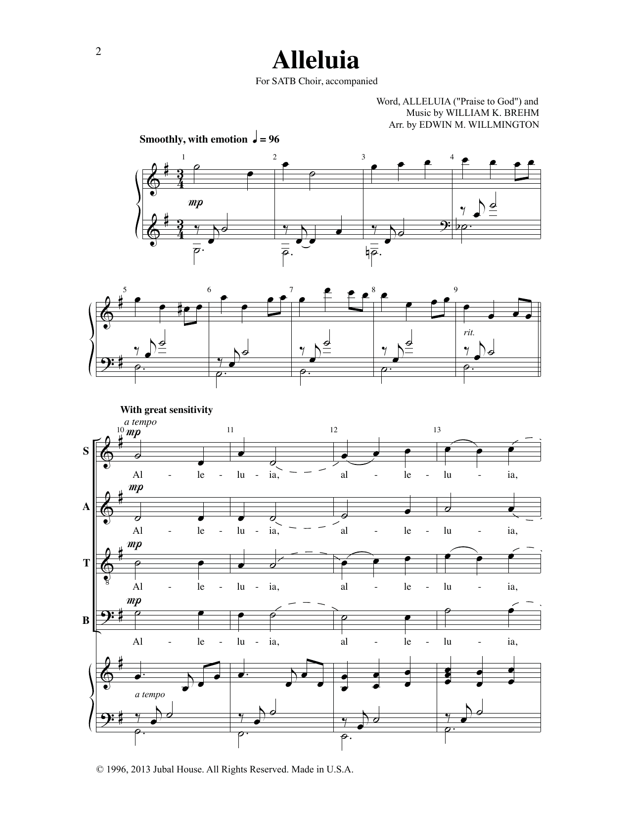 William K. Brehm Alleluia (arr. Edwin M. Willmington) Sheet Music Notes & Chords for SATB Choir - Download or Print PDF