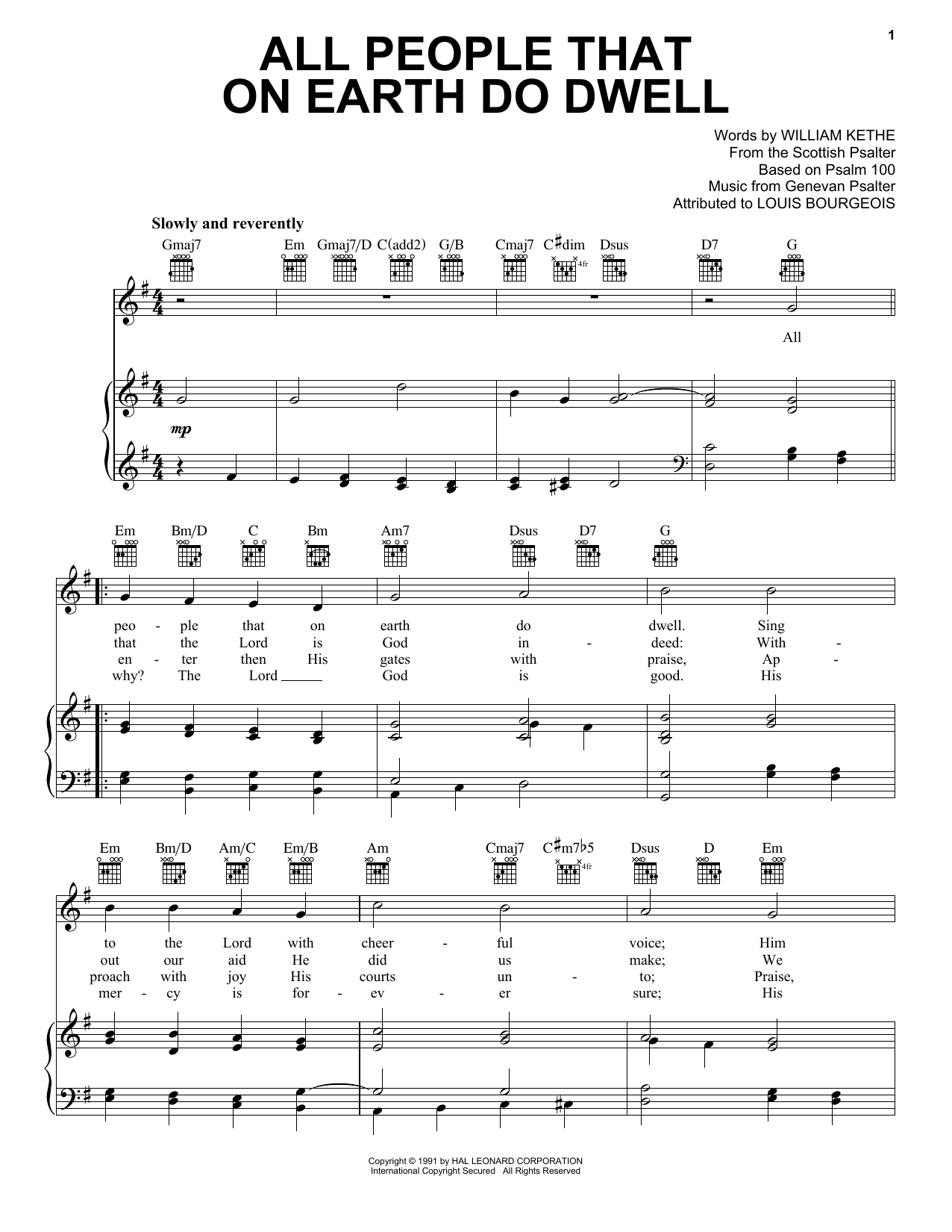 William Kethe All People On Earth Do Dwell Sheet Music Notes & Chords for Piano, Vocal & Guitar Chords (Right-Hand Melody) - Download or Print PDF