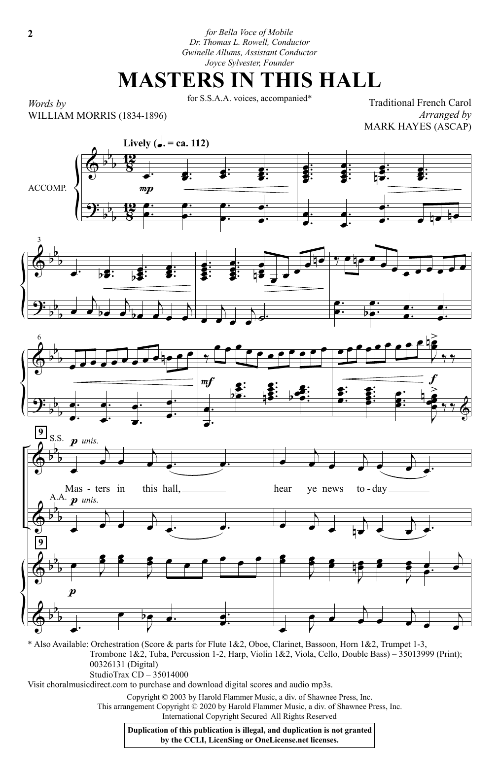 William Morris Masters In This Hall (arr. Mark Hayes) Sheet Music Notes & Chords for SSA Choir - Download or Print PDF
