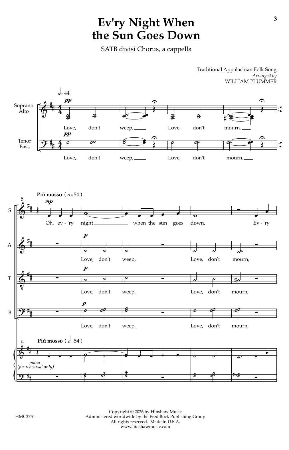 William Plummer Ev'ry Night When The Sun Goes Down Sheet Music Notes & Chords for SATB Choir - Download or Print PDF