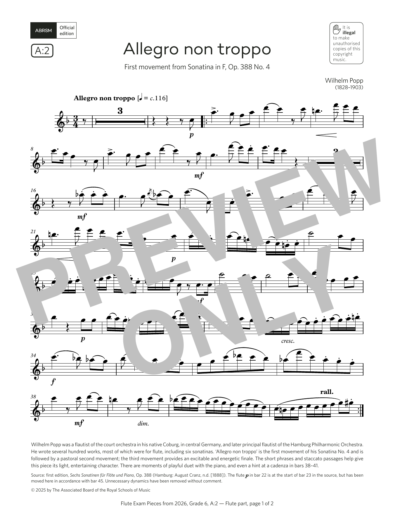 William Popp Allegro non troppo (Grade 6, list A2, from the ABRSM Flute Syllabus from 2026) Sheet Music Notes & Chords for Flute Solo - Download or Print PDF