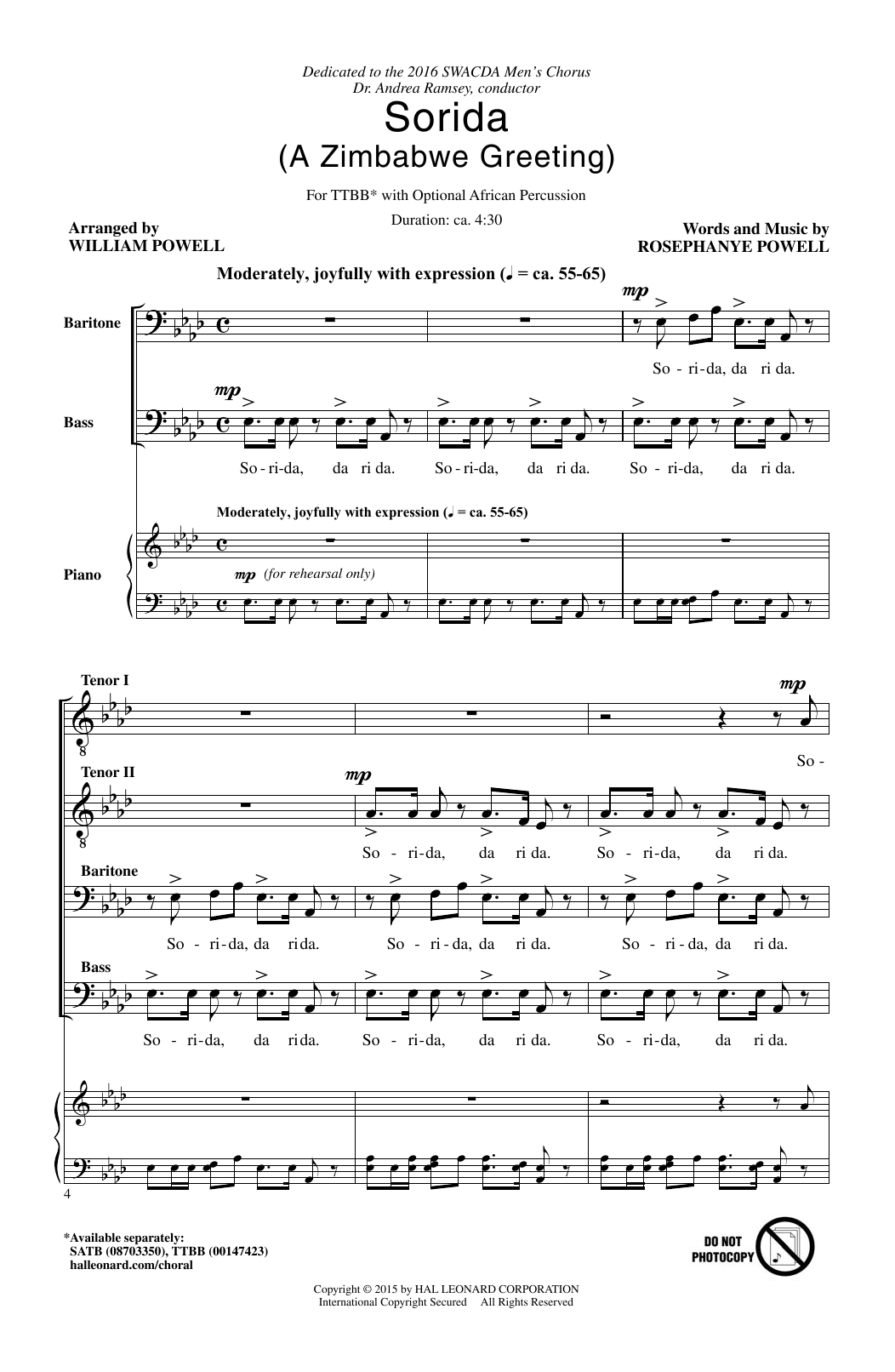 William Powell Sorida Sheet Music Notes & Chords for TTBB - Download or Print PDF