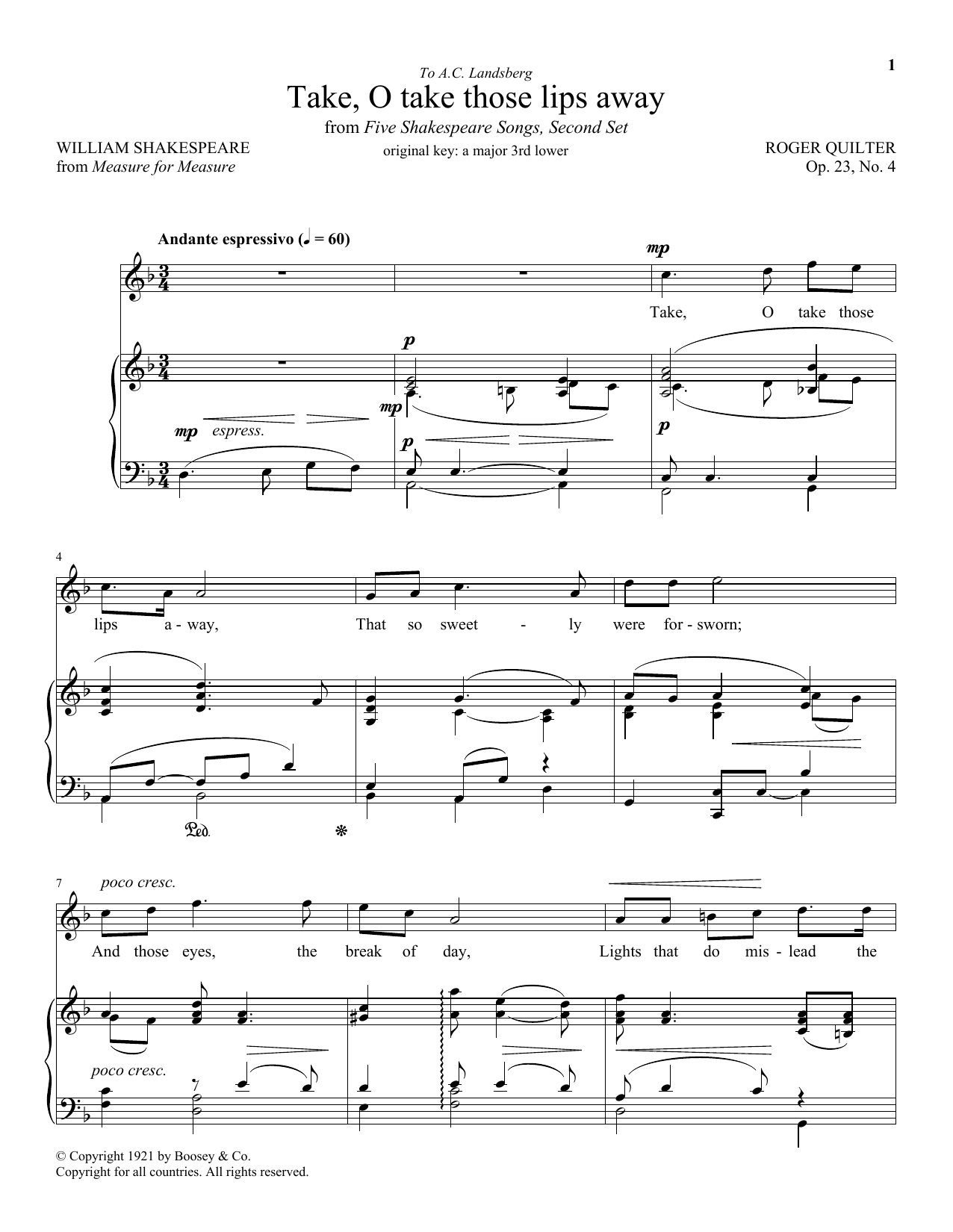 William Shakespeare Take, O Take Those Lips Away, Op. 23, No. 4 Sheet Music Notes & Chords for Piano & Vocal - Download or Print PDF