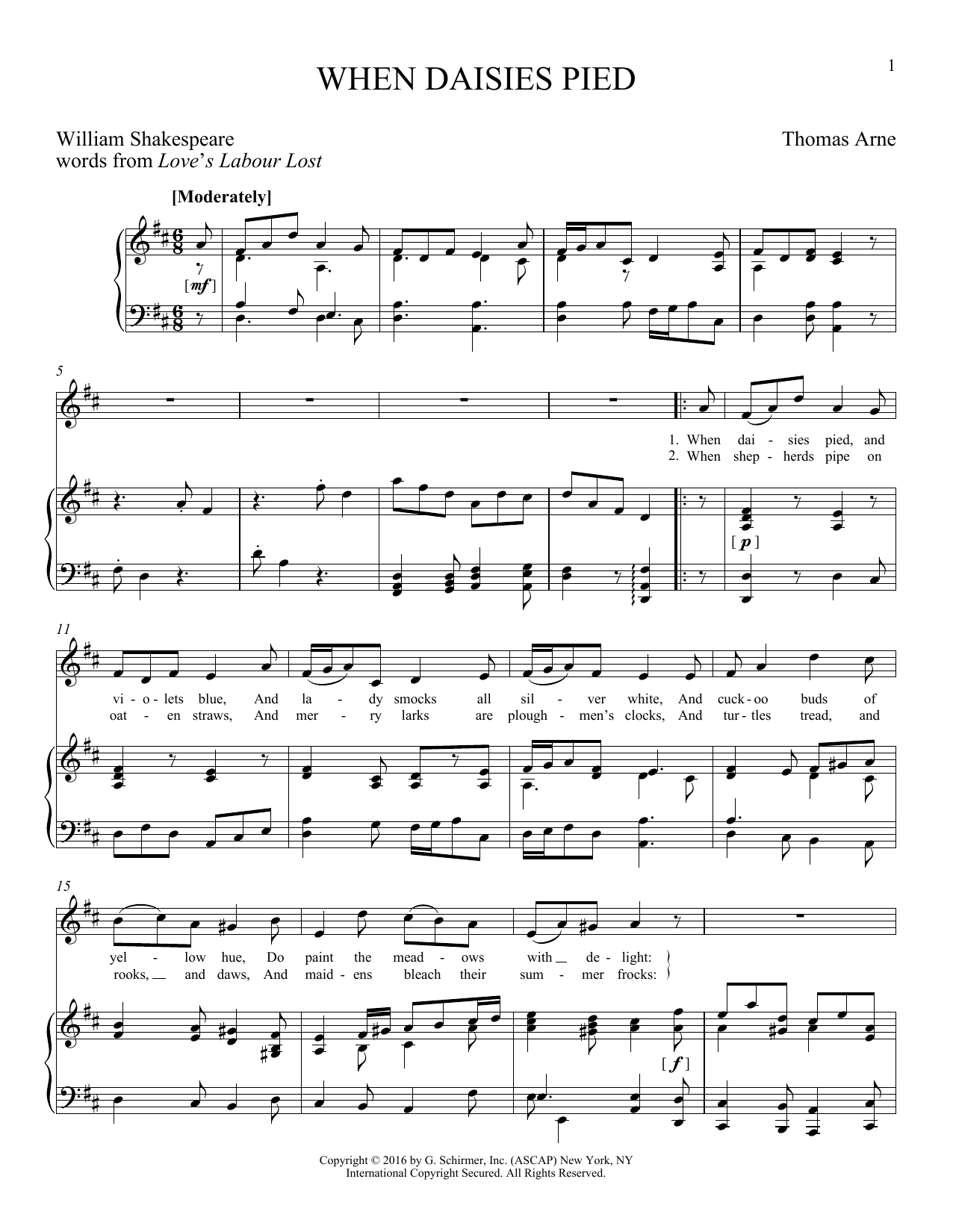 William Shakespeare When Daisies Pied Sheet Music Notes & Chords for Piano & Vocal - Download or Print PDF