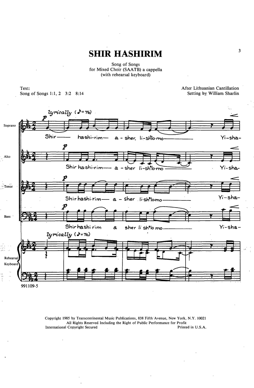 William Sharlin Shir Hashirim (Song Of Songs) Sheet Music Notes & Chords for Choir - Download or Print PDF William Sharlin Shir Hashirim (Song Of Songs) Sheet Music Notes & Chords for Choir - Download or Print PDF