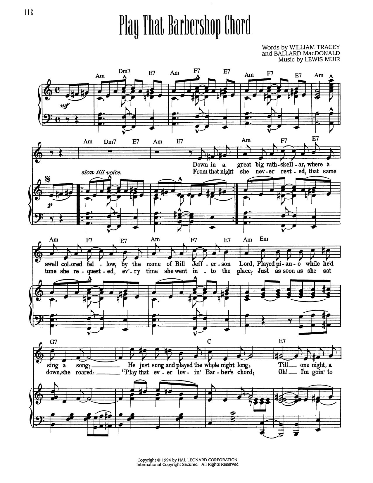 William Tracey Play That Barbershop Chord Sheet Music Notes & Chords for Piano, Vocal & Guitar Chords (Right-Hand Melody) - Download or Print PDF