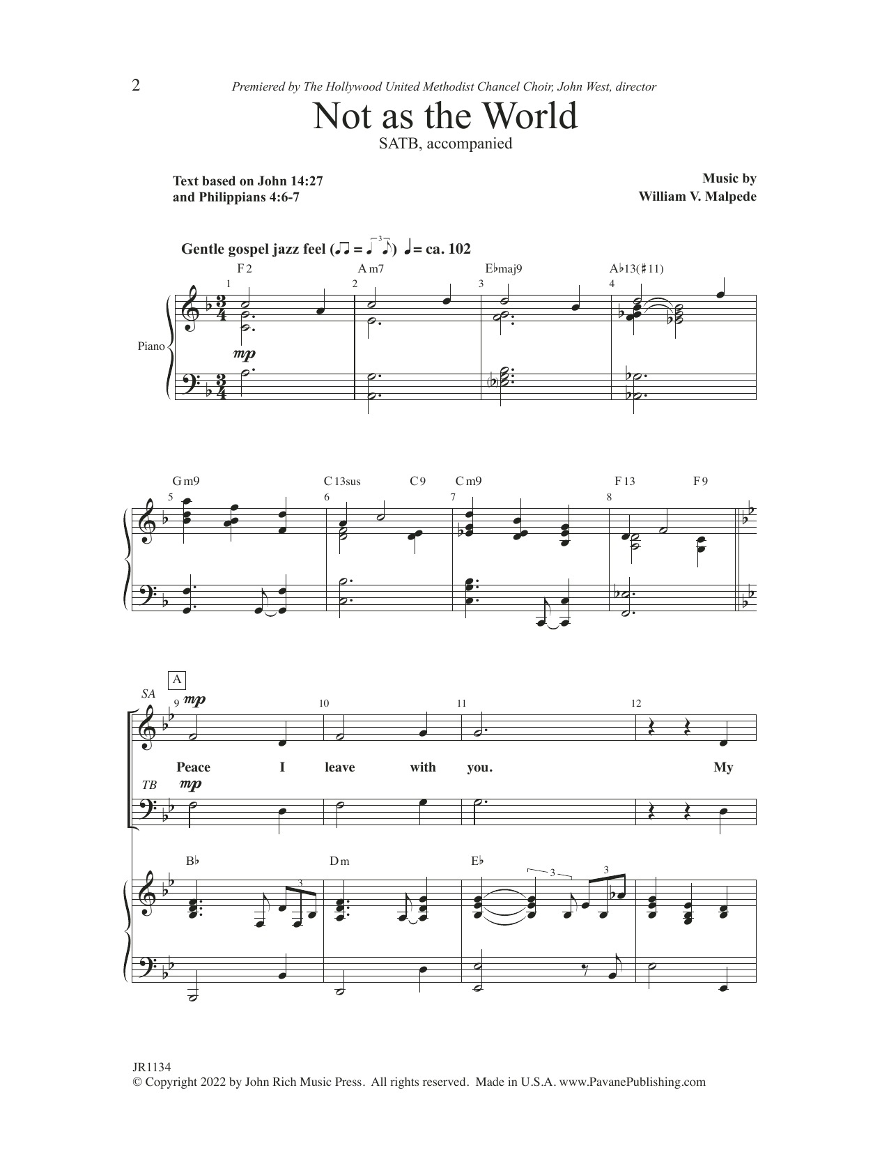 William V. Malpede Not as the World Sheet Music Notes & Chords for SATB Choir - Download or Print PDF