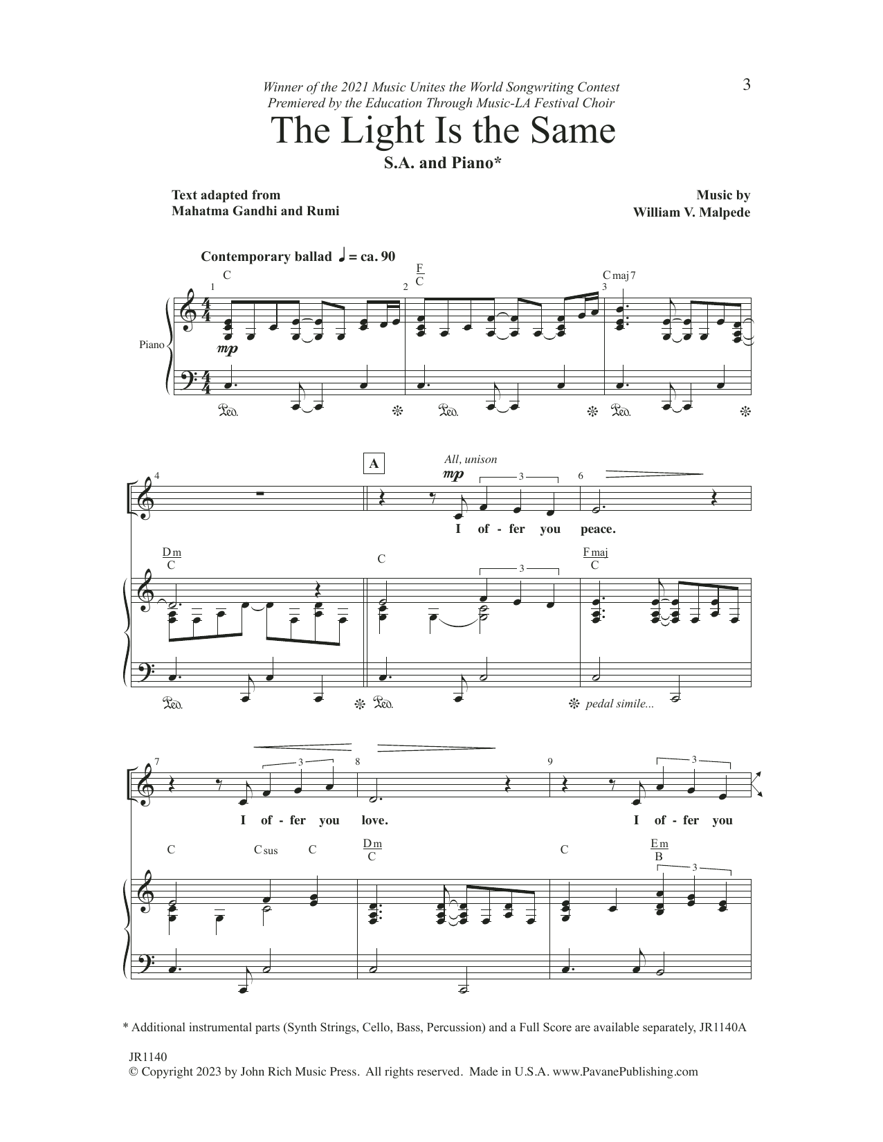 William V. Malpede The Light Is The Same Sheet Music Notes & Chords for Choir - Download or Print PDF