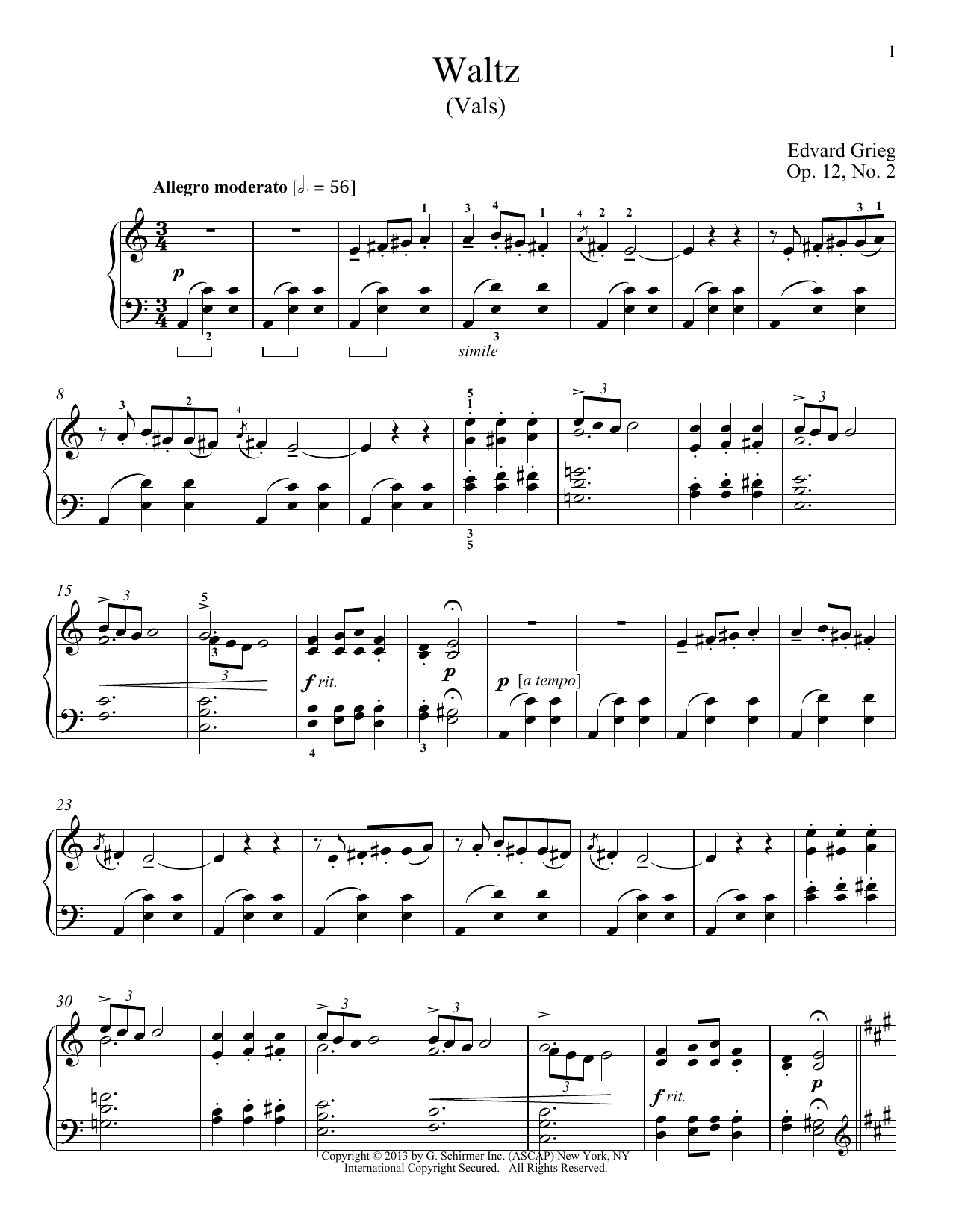 William Westney Waltz (Vals), Op. 12, No. 2 Sheet Music Notes & Chords for Piano - Download or Print PDF