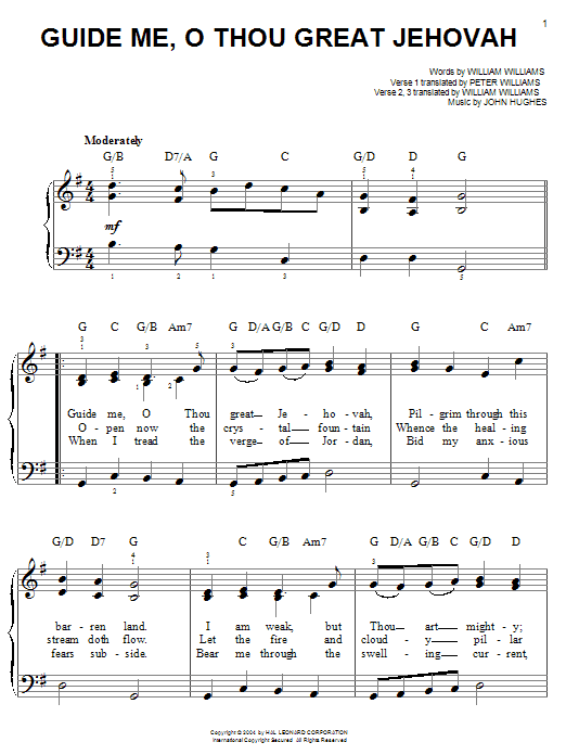 William Williams Guide Me, O Thou Great Jehovah Sheet Music Notes & Chords for Easy Piano - Download or Print PDF