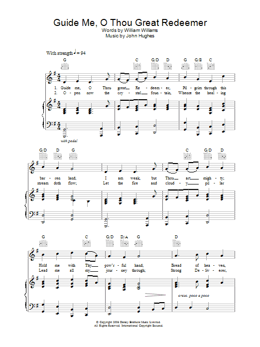 William Williams Guide Me, O Thou Great Redeemer Sheet Music Notes & Chords for Piano, Vocal & Guitar (Right-Hand Melody) - Download or Print PDF
