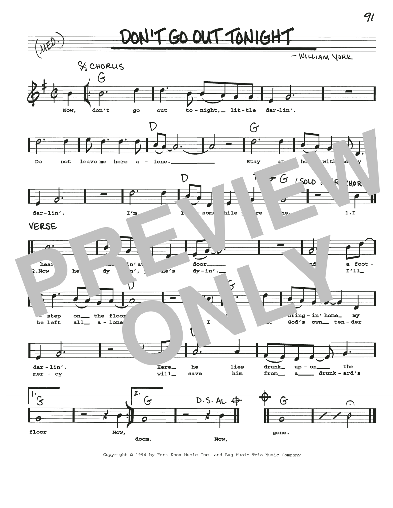William York Don't Go Out Tonight Sheet Music Notes & Chords for Real Book – Melody, Lyrics & Chords - Download or Print PDF